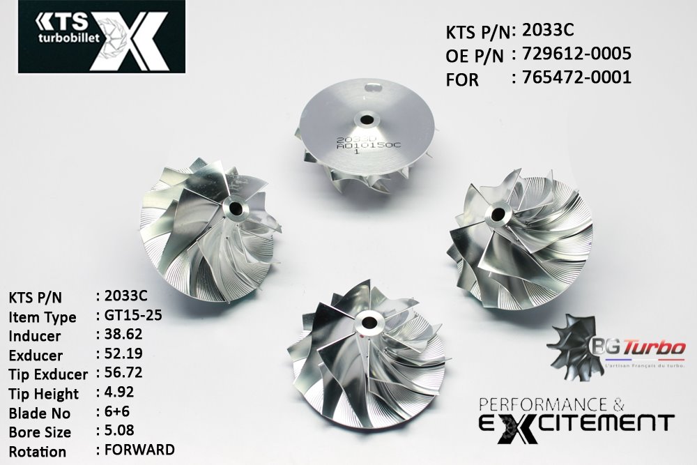 Turbo ROUE FORGÉE MFS PERFORMANCE - 6+6 PALES - INDUCER : 38,62 - EXDUCER : 52,19 - TYPE : GT15-25ANGLE : 55° - ROTATION : Forward - SUPER BACK : 2,39 - BORE SIZE : 5,08
